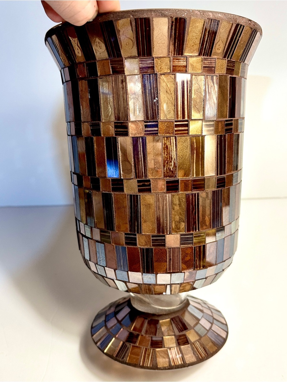 11” Decorative Stained Glass Mosaic Hurricane Vase - Picture 6 of 11